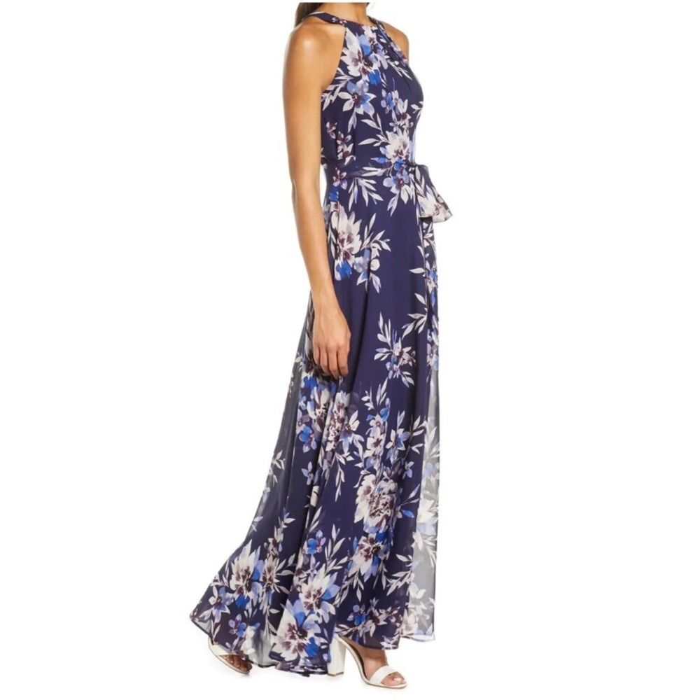 Eliza J Floral Halter Maxi Dress Navy Blue Chiffon Gown Womens Size 6